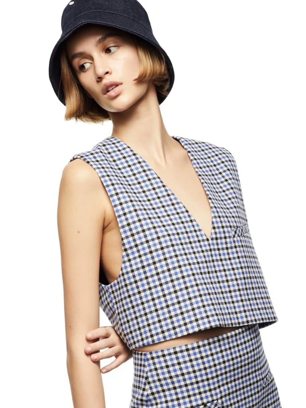 ZARA Gingham Houndstooth Cropped Vest V-Neck Sleeveless Crop Top Size S Preppy - Picture 1 of 15